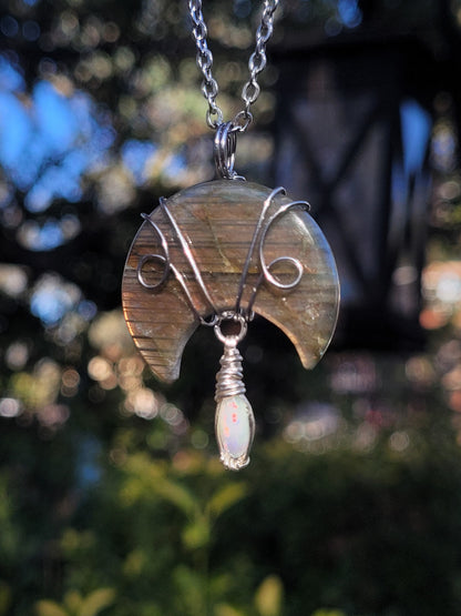 Labradorite Moon + Opal Wire Wrapped Pendant