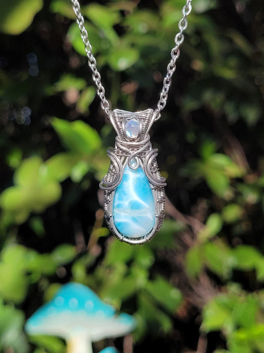 Larimar + Moonstone Wire Wrapped Pendant