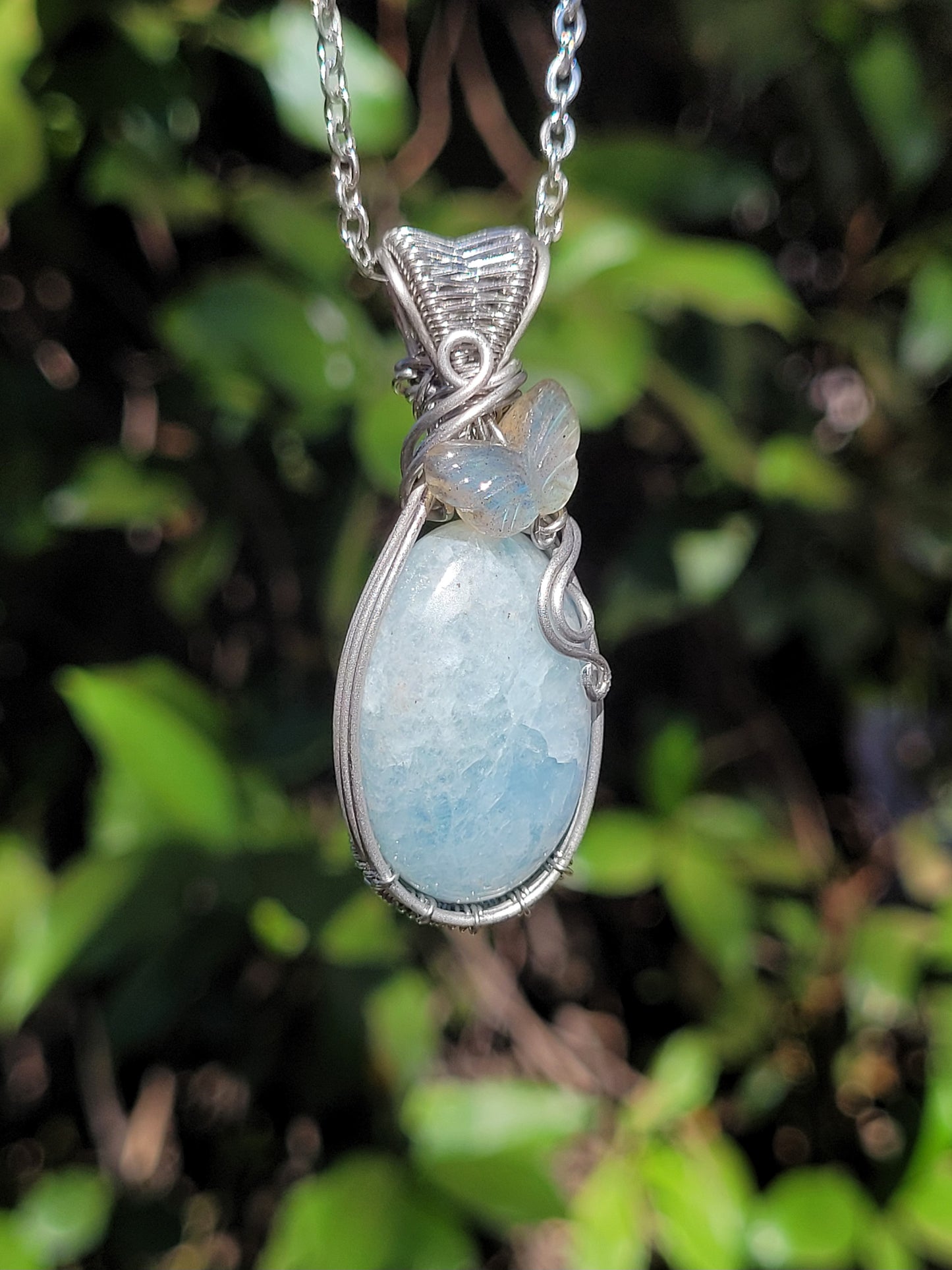 Aquamarine + Labradorite Wire Wrapped Pendant
