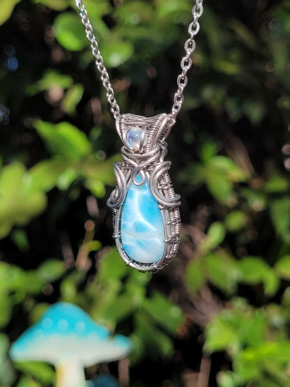 Larimar + Moonstone Wire Wrapped Pendant
