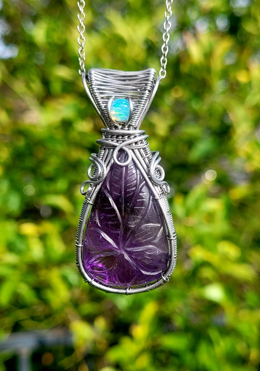 Carved Amethyst + Opal Wire Wrapped Pendant