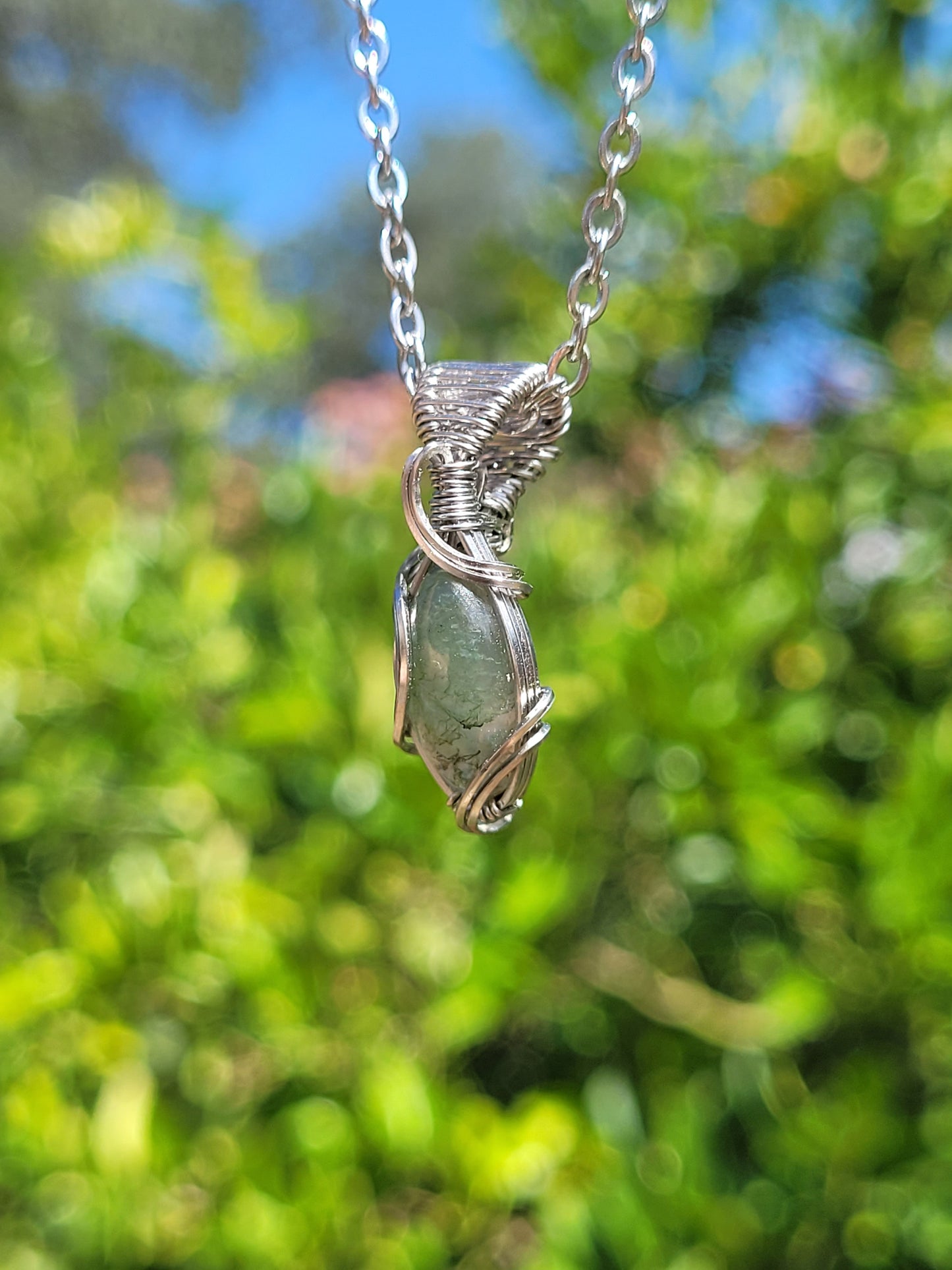 Mini Moss Agate Wire Wrapped Pendant