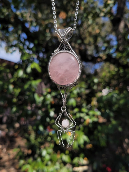 Reversible Rose Quartz Web + Spider Pendant