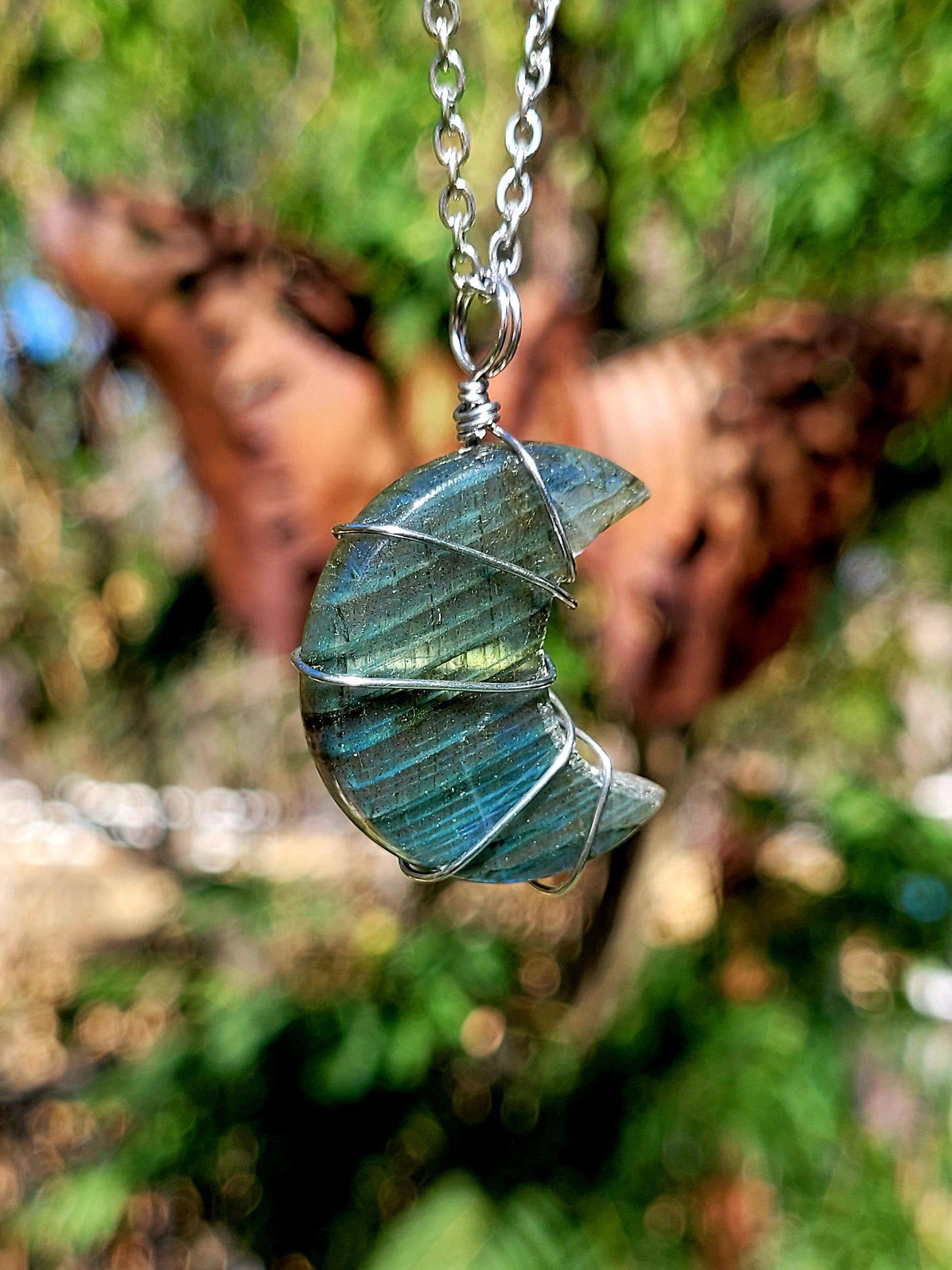 Labradorite Moon Wire Wrapped Pendant