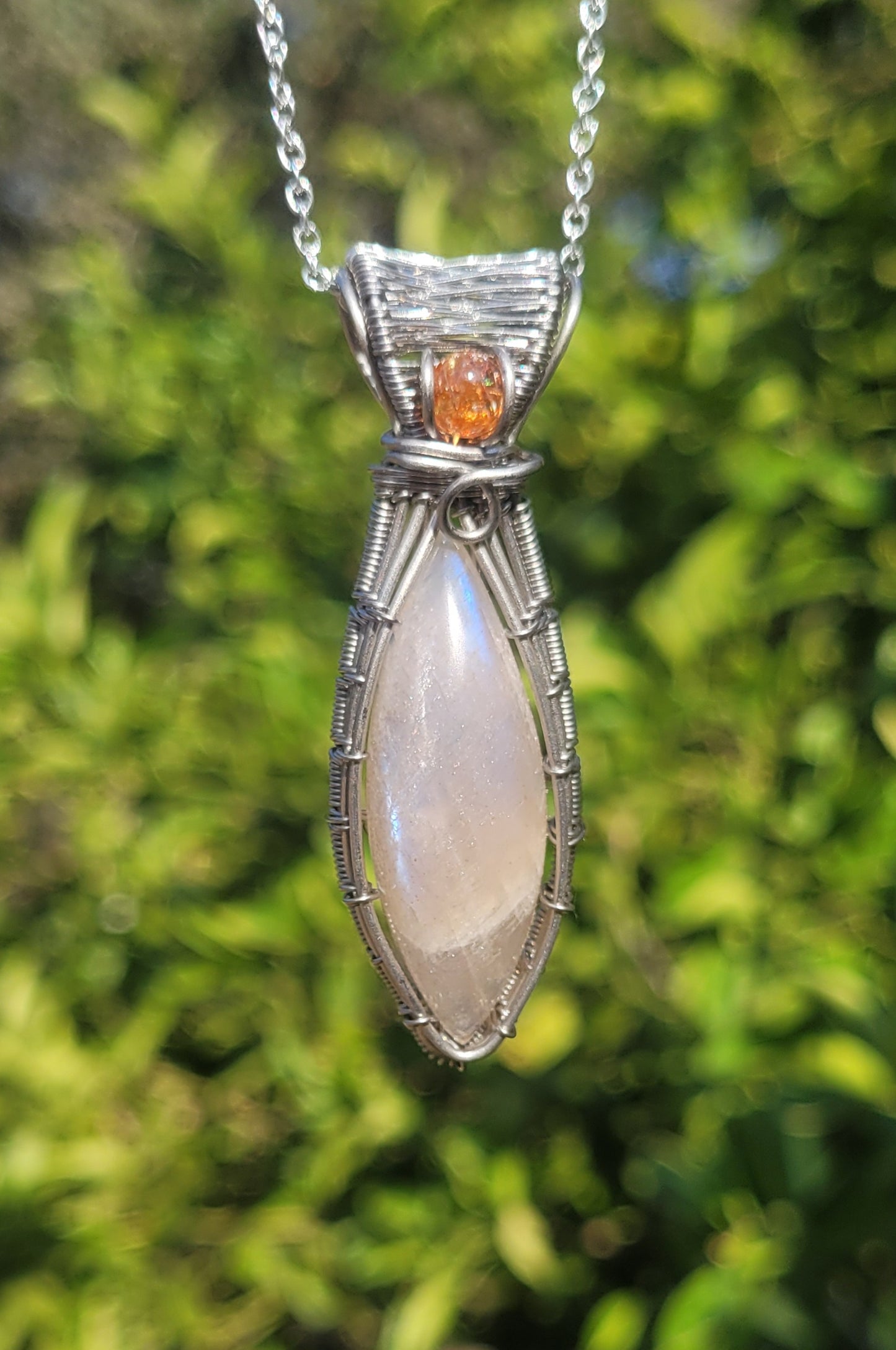 Belomorite Moonstone + Sunstone Accent Wire Wrapped Pendant