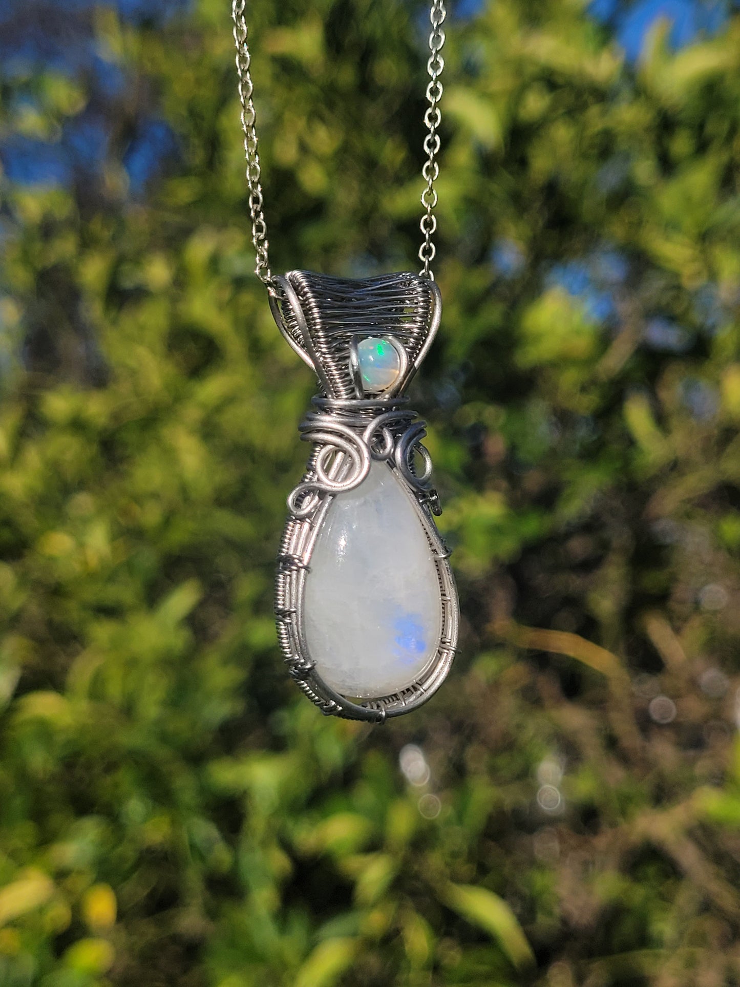 Moonstone + Opal Wire Wrapped Pendant