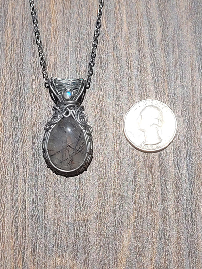 Tourmalinated Quartz + Moonstone Wire Wrapped Pendant