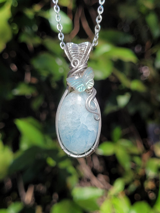Aquamarine + Labradorite Wire Wrapped Pendant