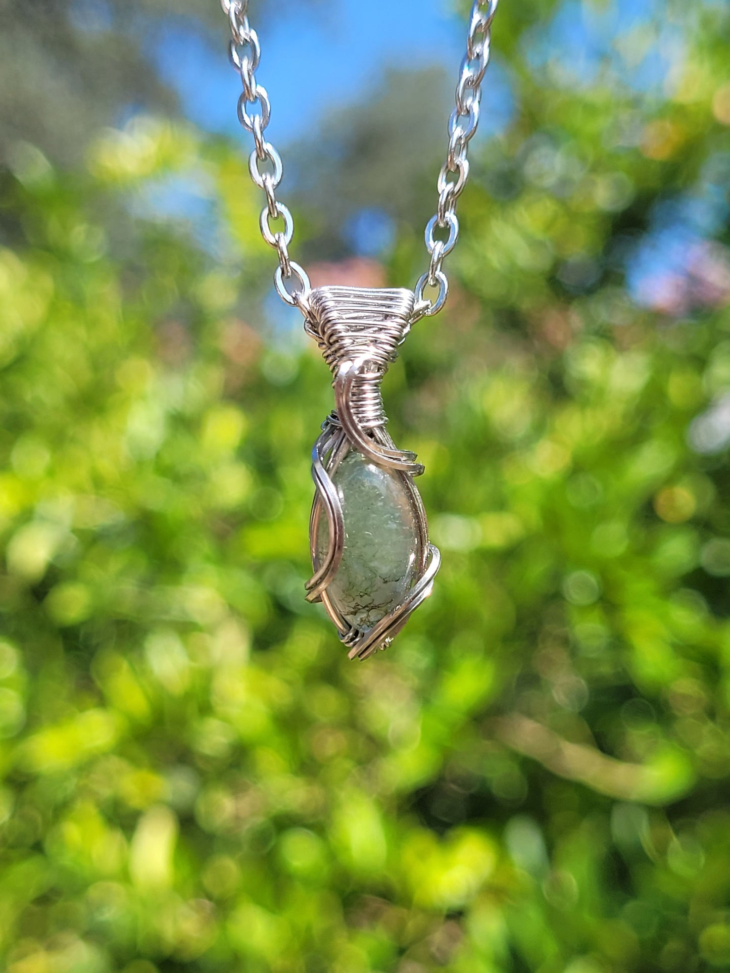 Mini Moss Agate Wire Wrapped Pendant