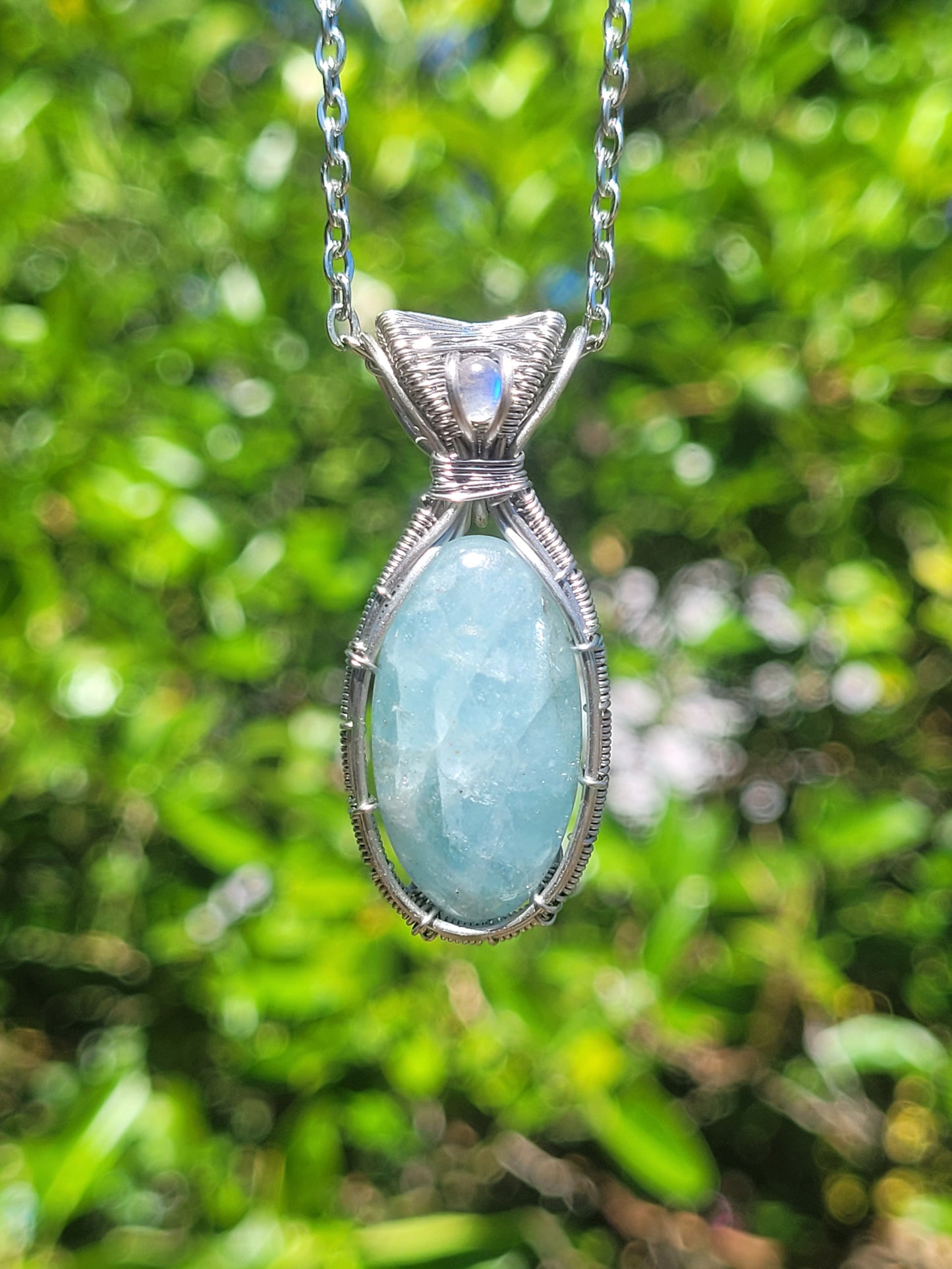 Aquamarine + Moonstone Wire Wrapped Pendant