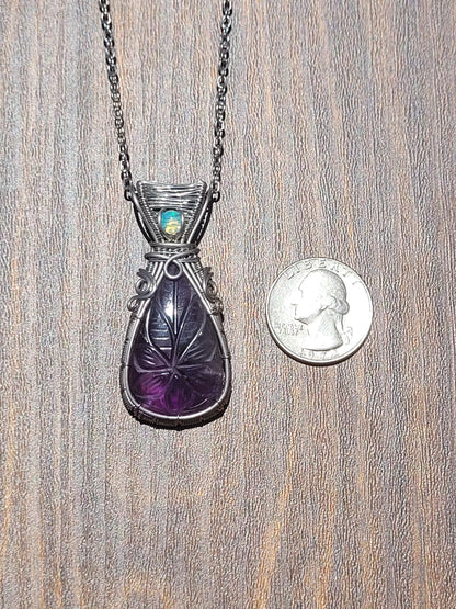 Carved Amethyst + Opal Wire Wrapped Pendant