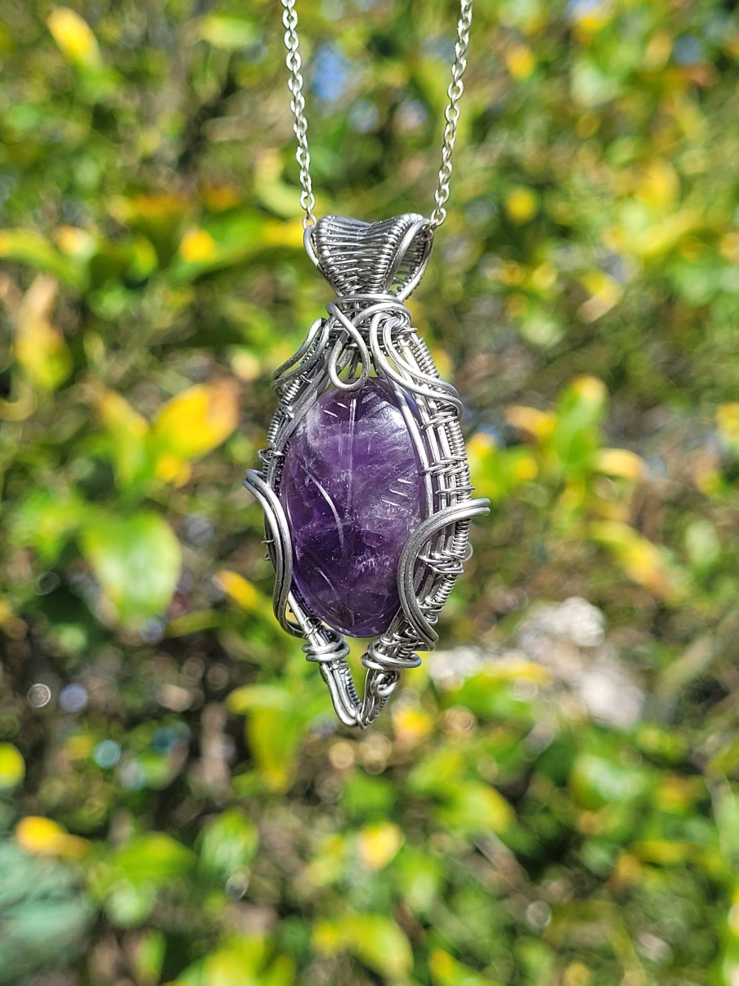 Carved Amethyst Wire Wrapped Pendant