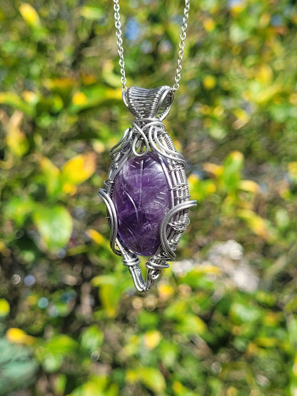 Carved Amethyst Wire Wrapped Pendant