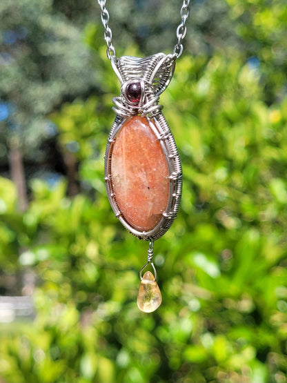 Garnet, Sunstone, Citrine Wire Wrapped Pendant