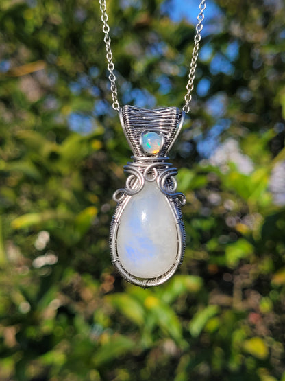 Moonstone + Opal Wire Wrapped Pendant