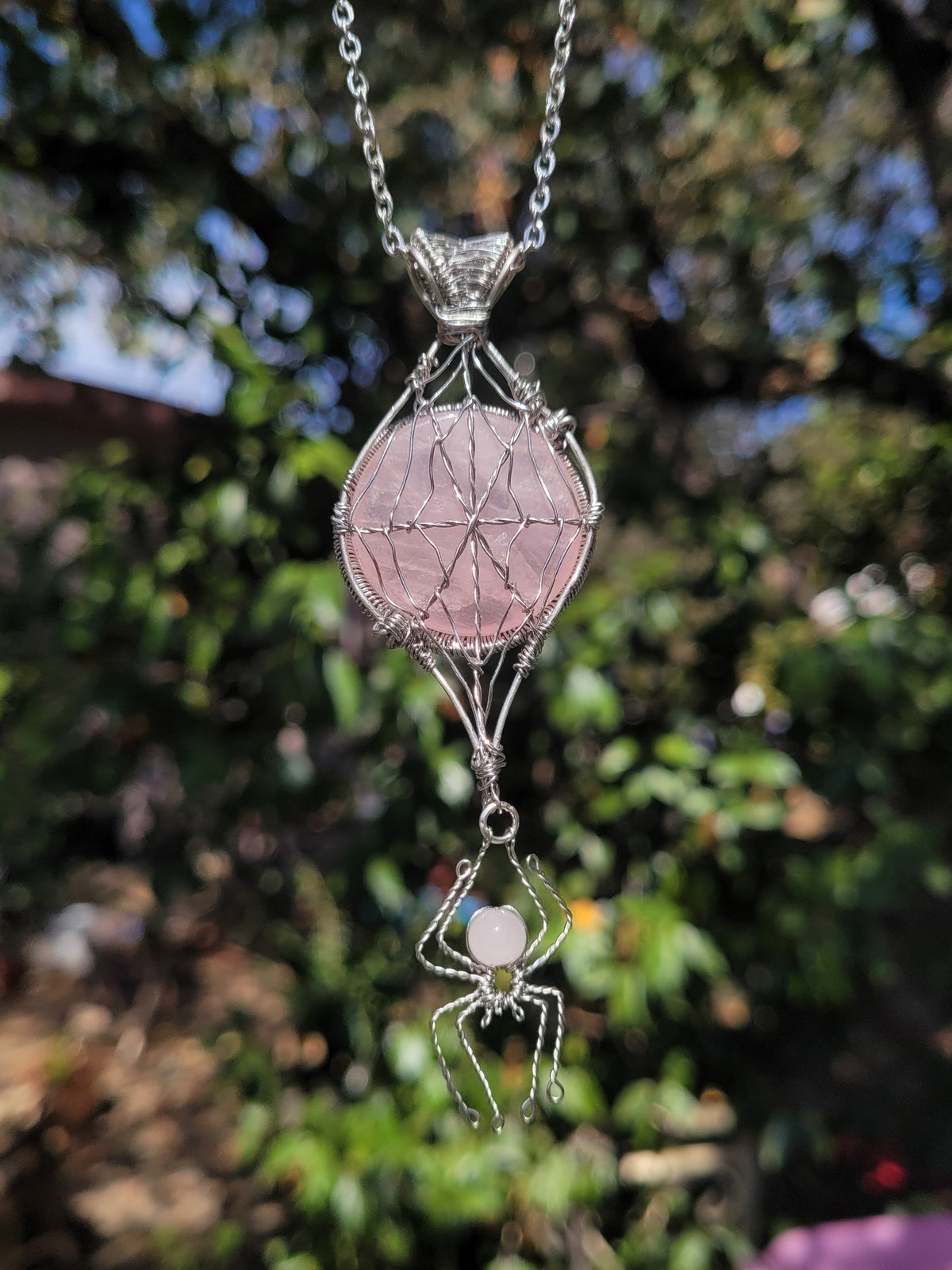 Reversible Rose Quartz Web + Spider Pendant