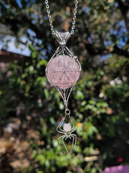 Reversible Rose Quartz Web + Spider Pendant