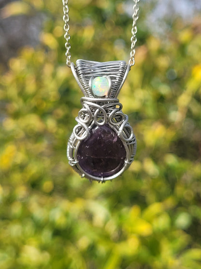 Amethyst + Opal Wire Wrapped Pendant