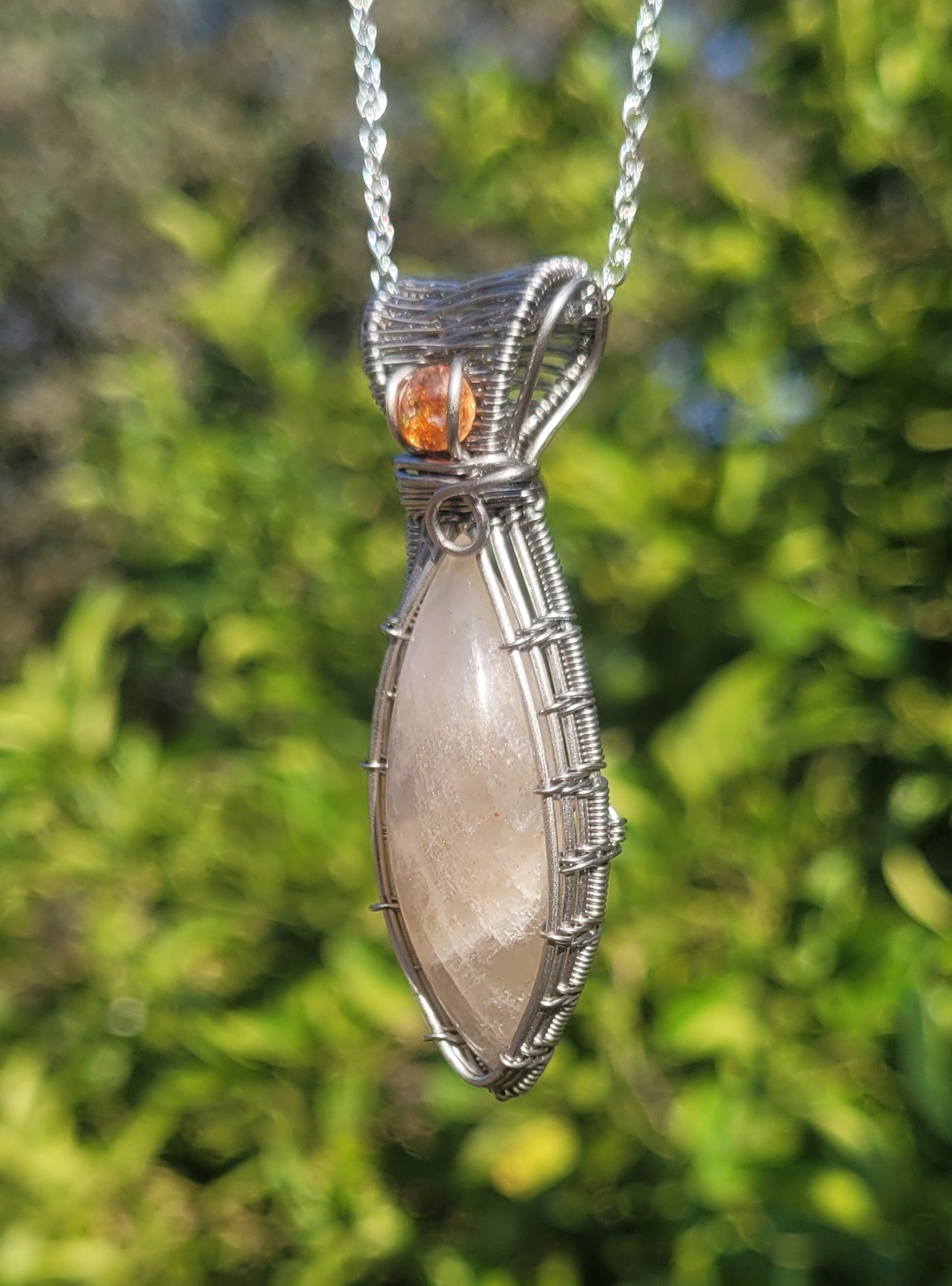 Belomorite Moonstone + Sunstone Accent Wire Wrapped Pendant