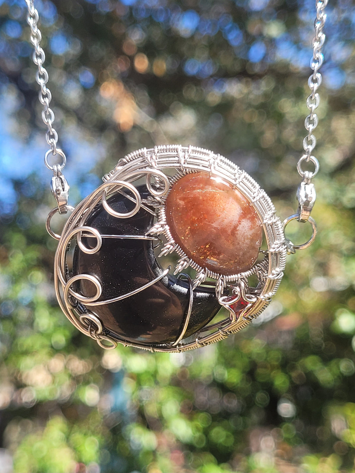 Onyx, Sunstone, Garnet - Sun Moon Star Wire Wrapped Pendant