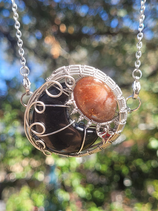 Onyx, Sunstone, Garnet - Sun Moon Star Wire Wrapped Pendant