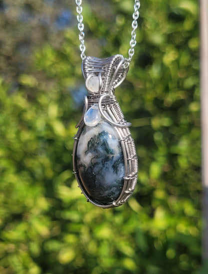 Moss Agate + Moonstone Accents Wire Wrapped Pendant