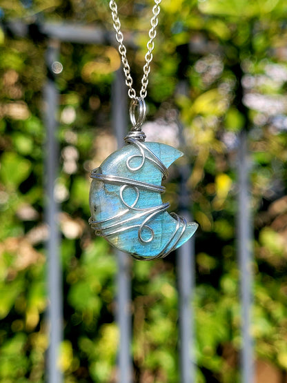 Labradorite Moon Wire Wrapped Pendant
