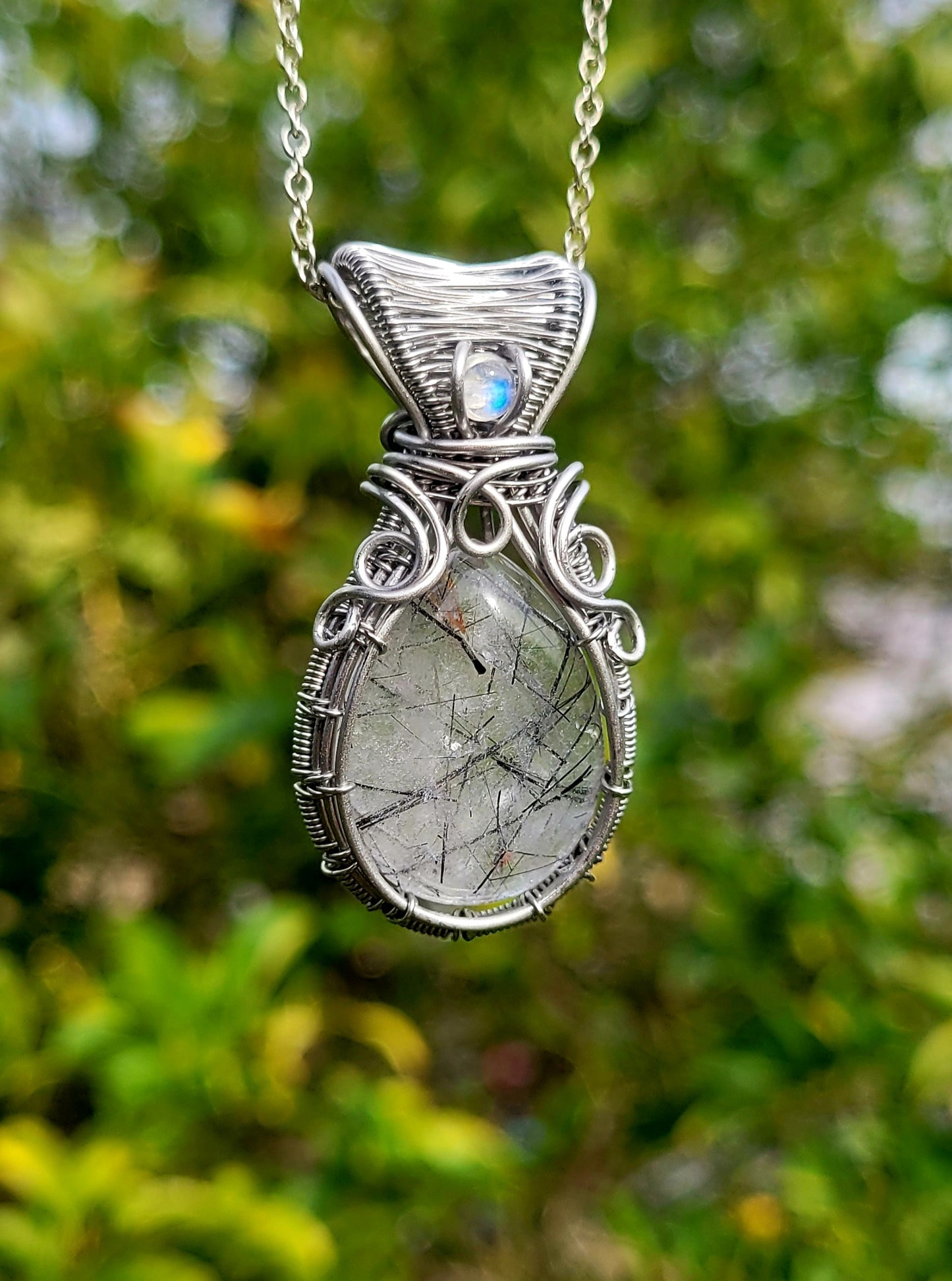 Tourmalinated Quartz + Moonstone Wire Wrapped Pendant