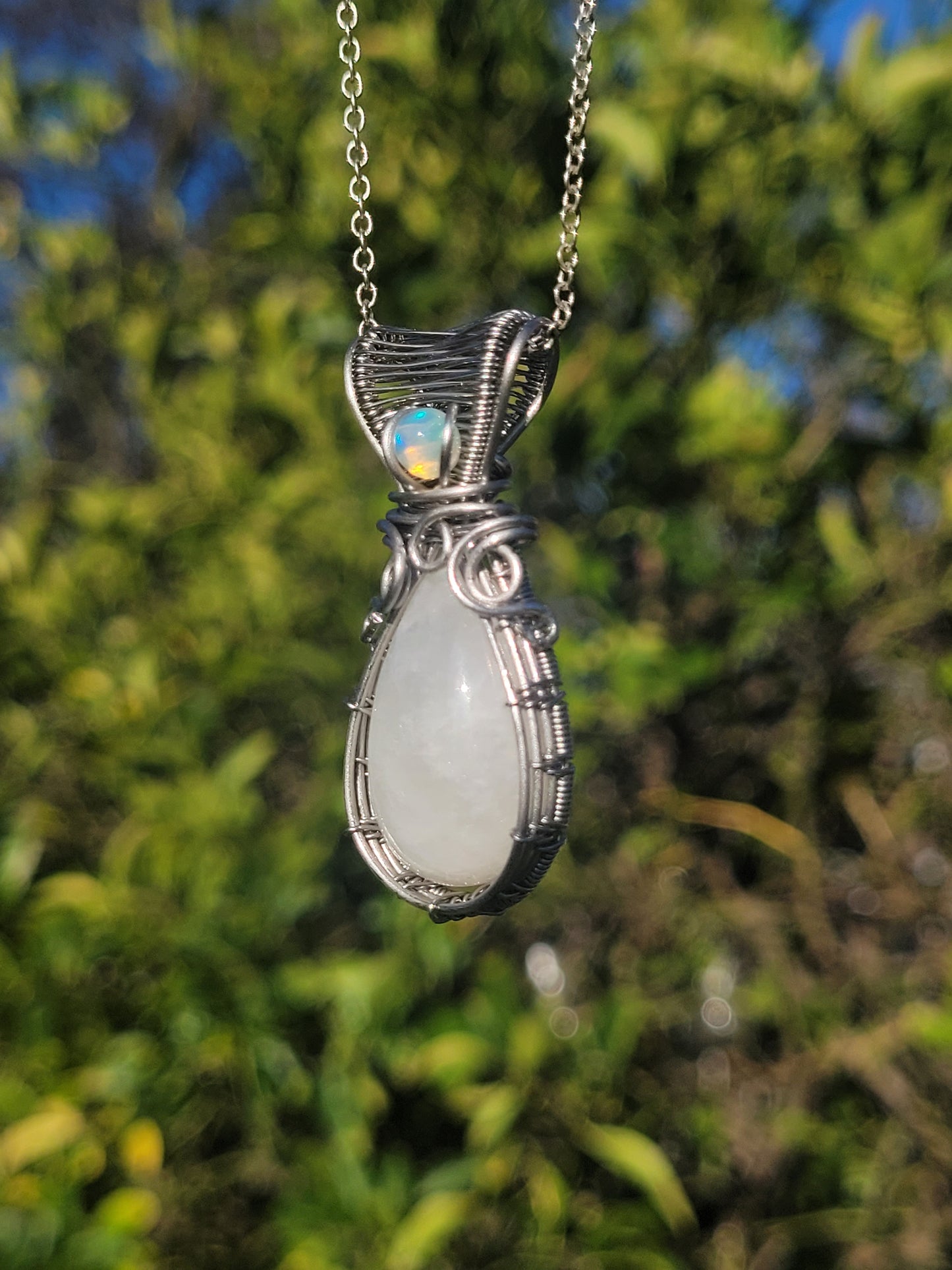 Moonstone + Opal Wire Wrapped Pendant