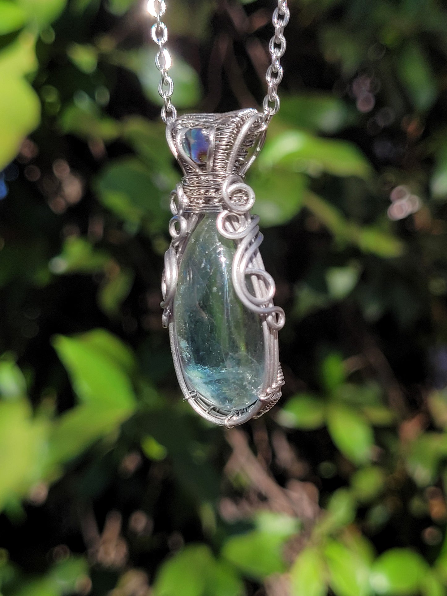 Fluorite + Abalone Wire Wrapped Pendant