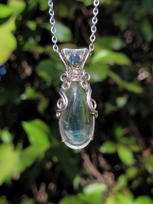 Fluorite + Abalone Wire Wrapped Pendant