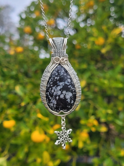 Snowflake Obsidian Wire Wrapped Pendant