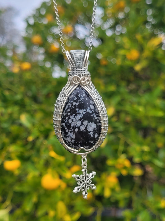Snowflake Obsidian Wire Wrapped Pendant