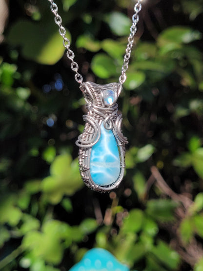 Larimar + Moonstone Wire Wrapped Pendant