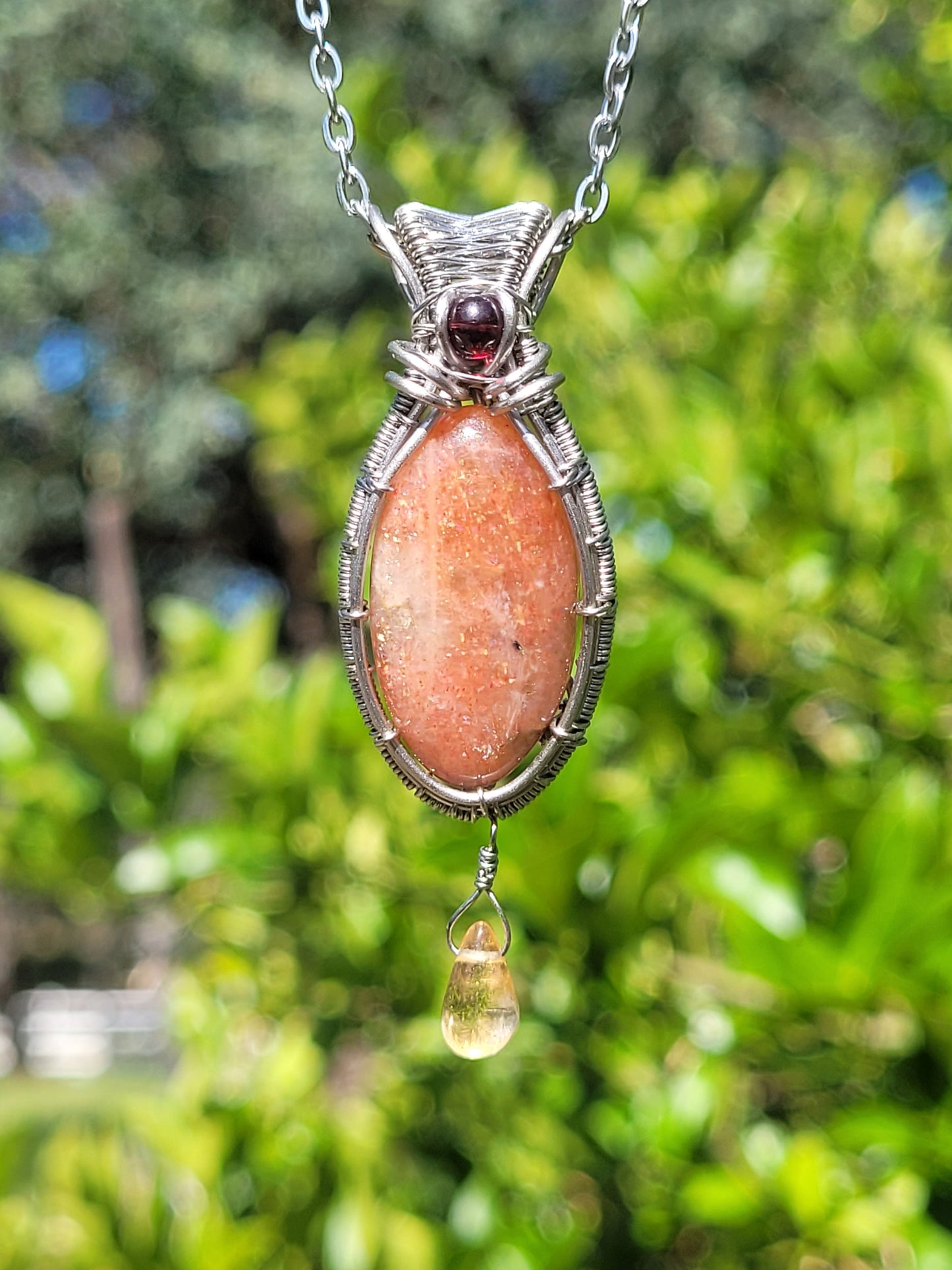 Garnet, Sunstone, Citrine Wire Wrapped Pendant