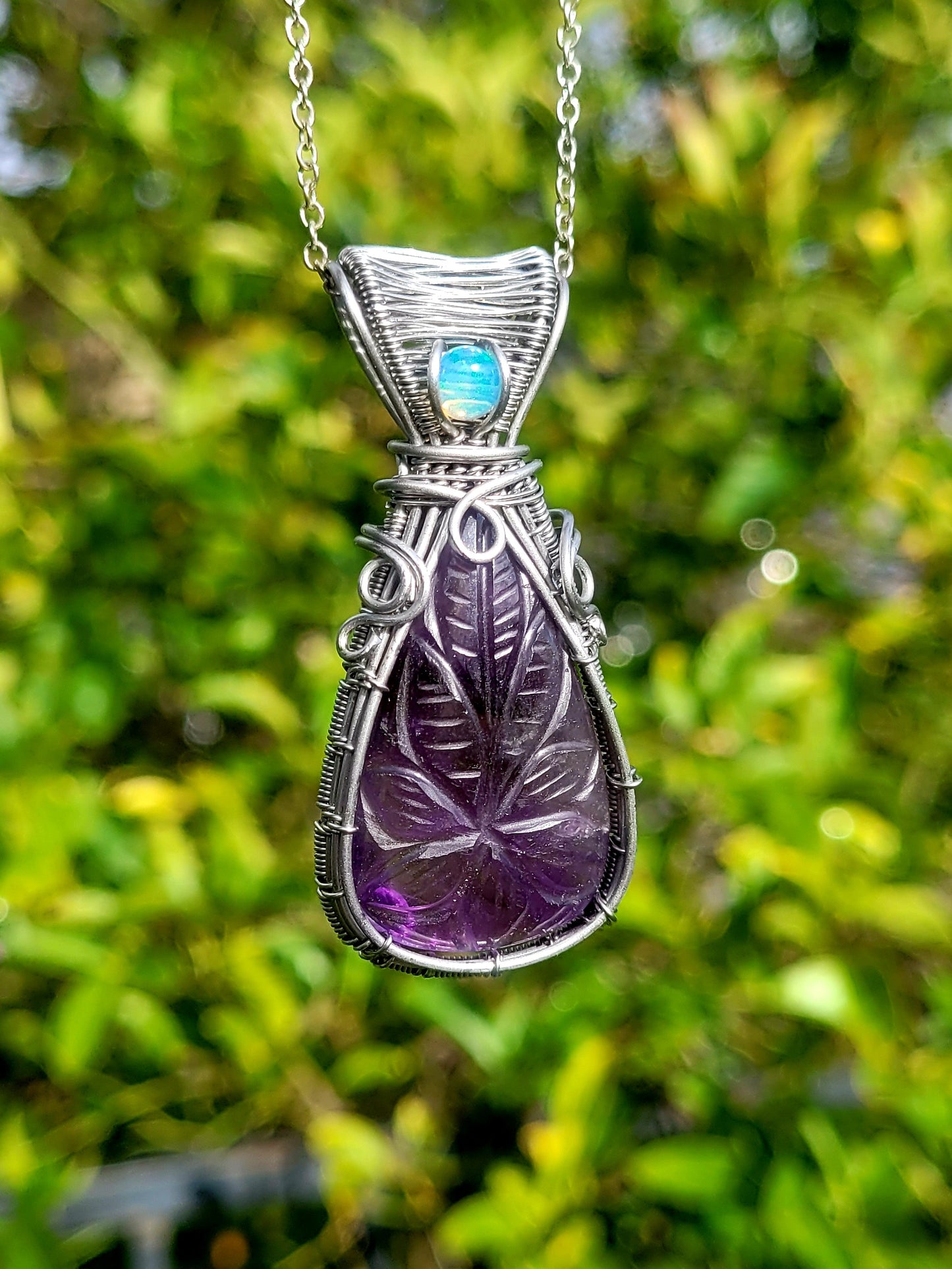 Carved Amethyst + Opal Wire Wrapped Pendant
