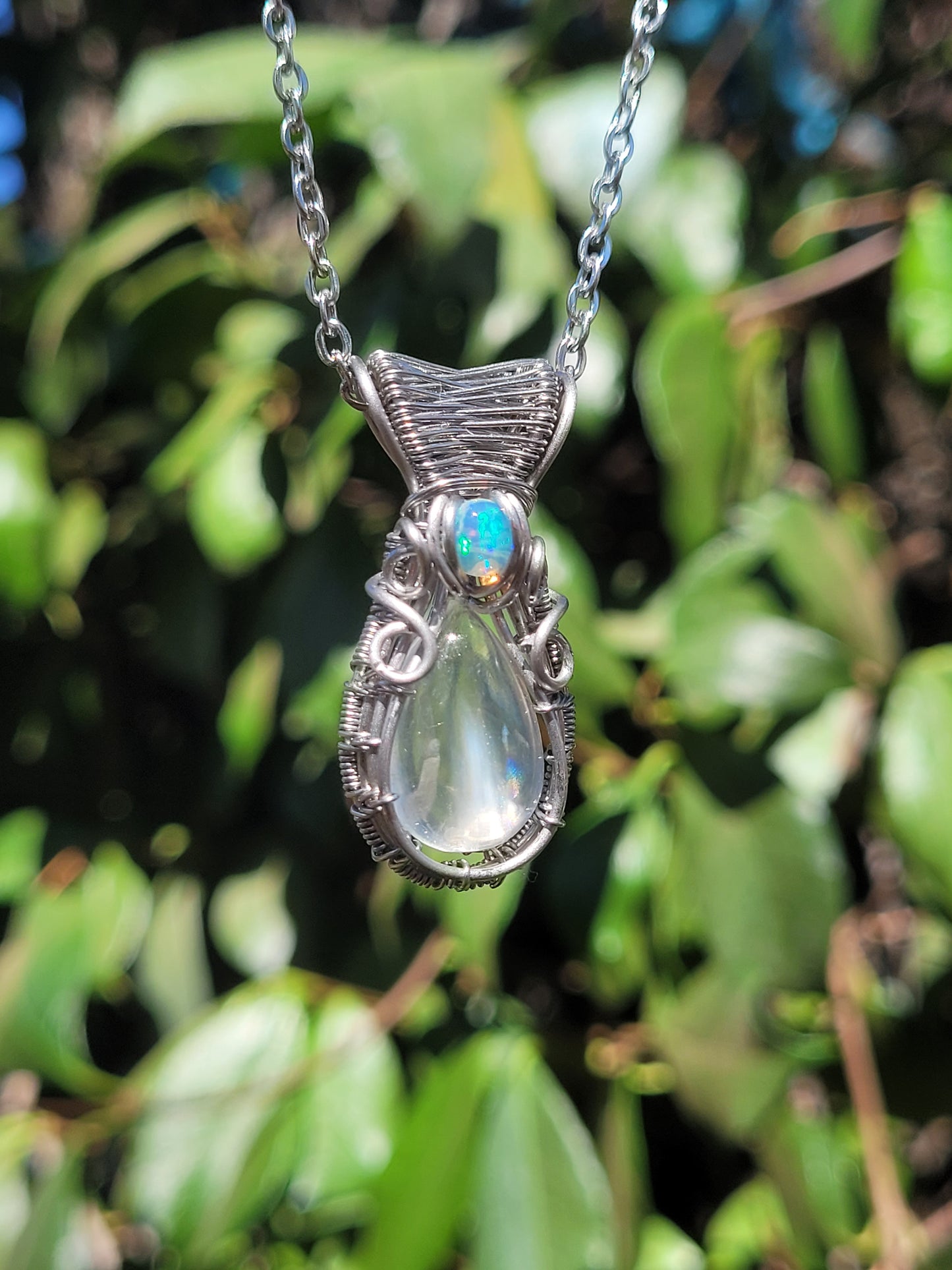 Malawi Moonstone + Opal Wire Wrapped Pendant