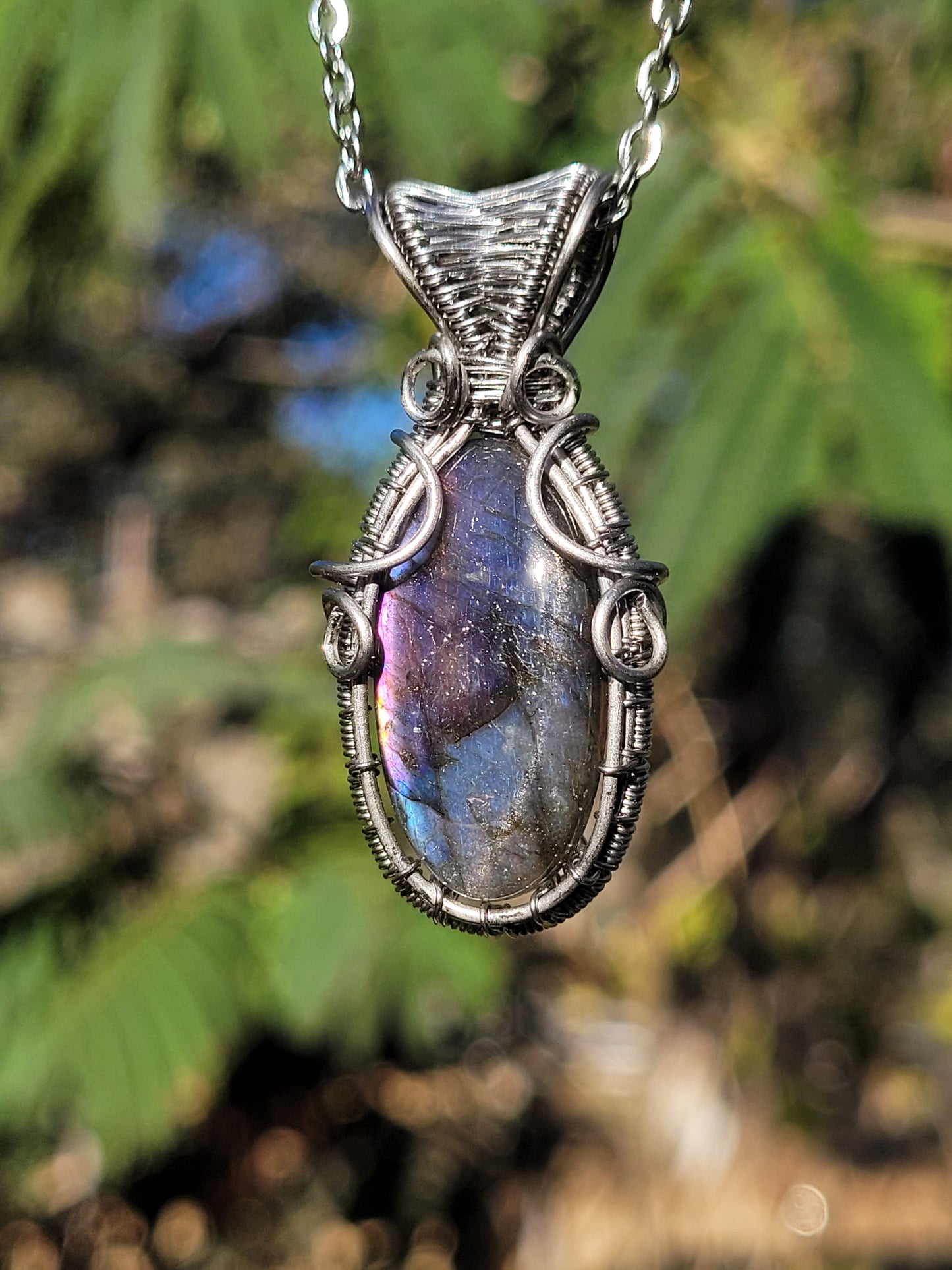 Pink and Blue Labradorite Wire Wrapped Pendant