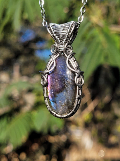 Pink and Blue Labradorite Wire Wrapped Pendant