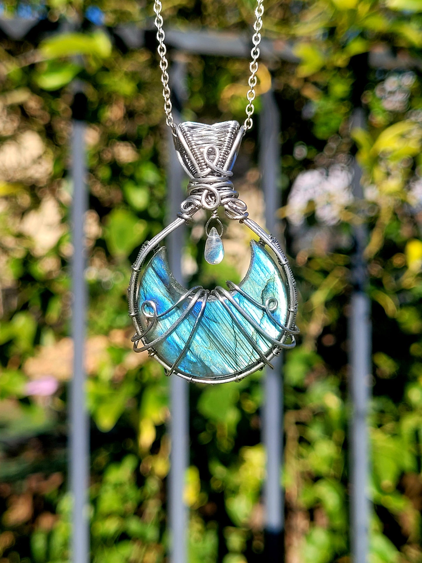 Labradorite Moon Wire Wrapped Pendant
