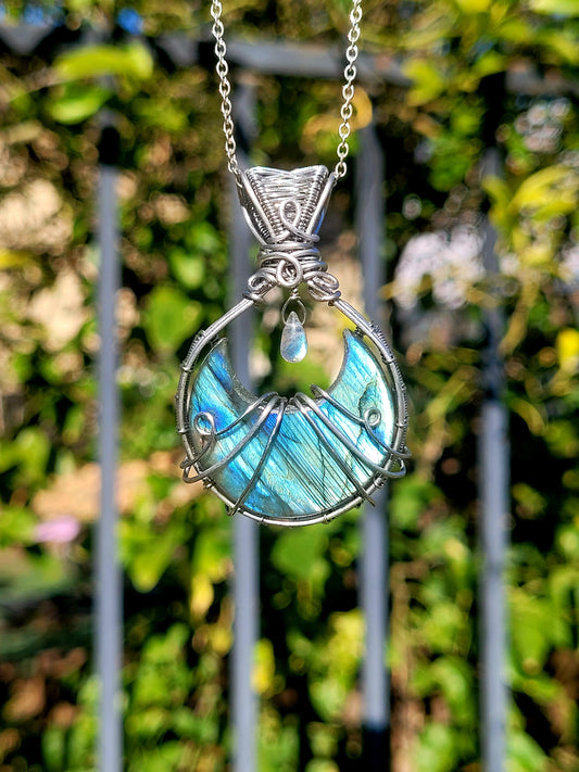 Labradorite Moon Wire Wrapped Pendant
