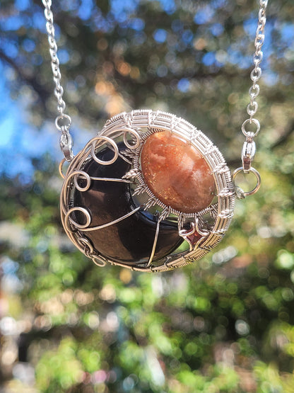 Onyx, Sunstone, Garnet - Sun Moon Star Wire Wrapped Pendant
