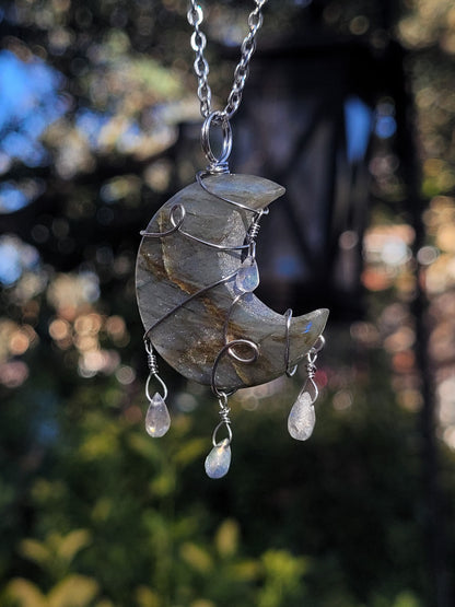 Labradorite Moon Wire Wrapped Pendant
