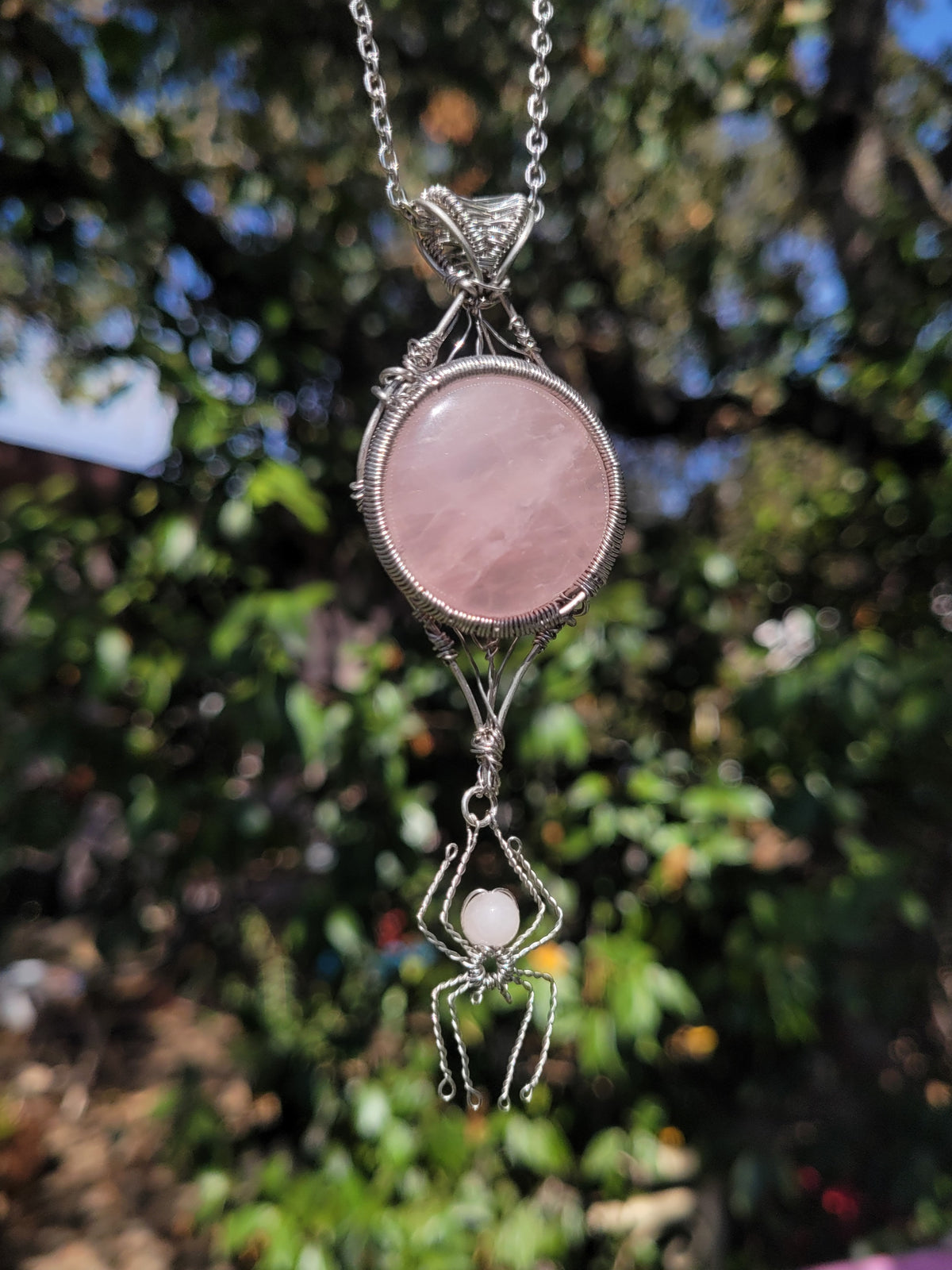 Reversible Rose Quartz Web + Spider Pendant