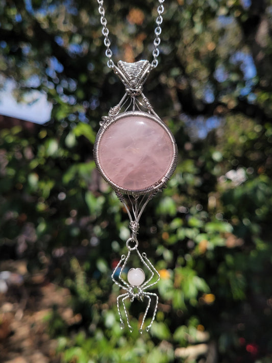 Reversible Rose Quartz Web + Spider Pendant