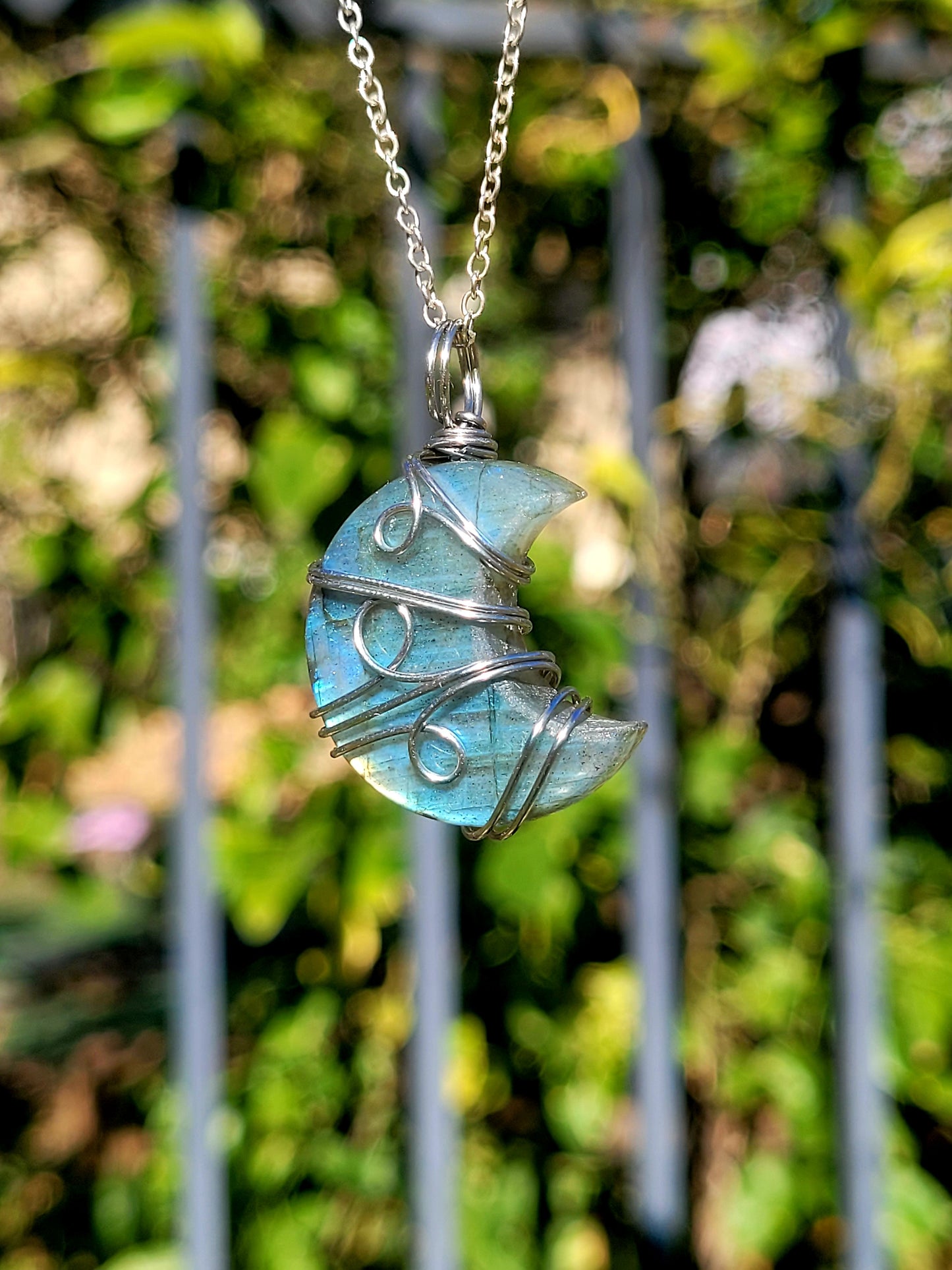 Labradorite Moon Wire Wrapped Pendant