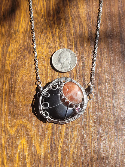 Onyx, Sunstone, Garnet - Sun Moon Star Wire Wrapped Pendant