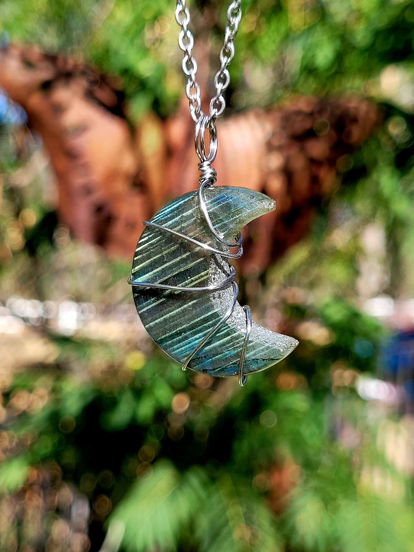 Labradorite Moon Wire Wrapped Pendant