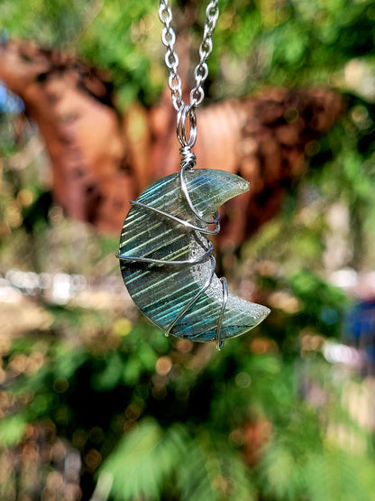 Labradorite Moon Wire Wrapped Pendant