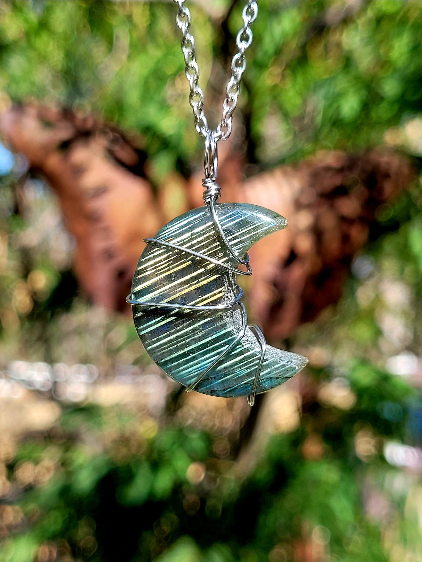 Labradorite Moon Wire Wrapped Pendant